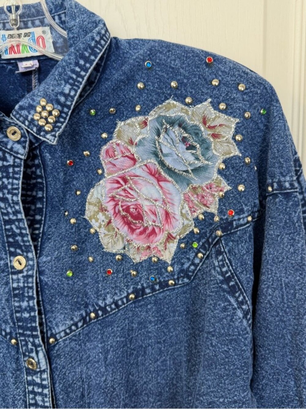 Vintage Western Floral Studded Denim Jean Shirt Women’s Size Medium 80s 90s - Picture 3 of 6
